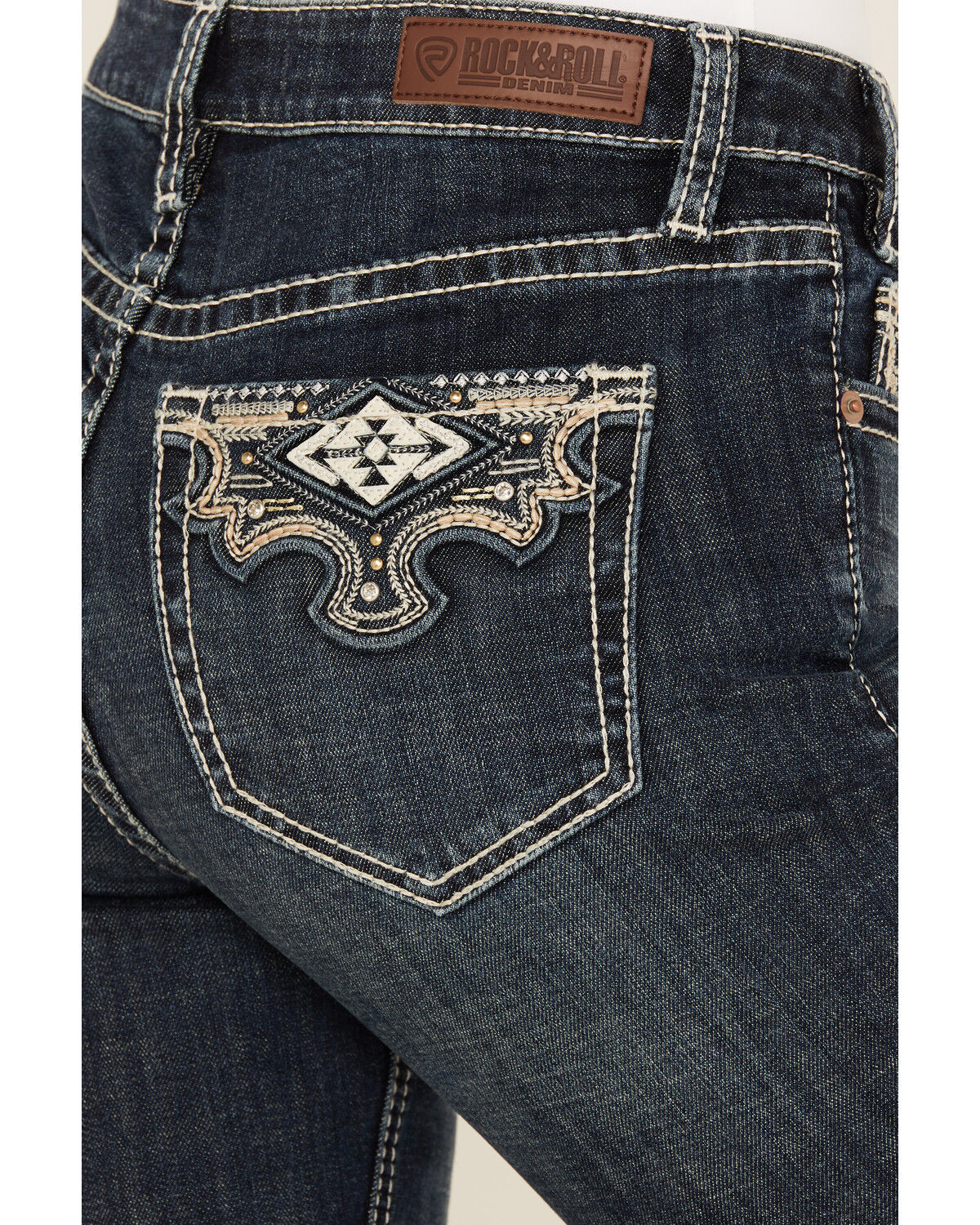 Image #2 - Rock & Roll Denim Women's Dark Wash Mid Rise Scallop Embroidered Bootcut Stretch Denim Jeans, Dark Wash, hi-res