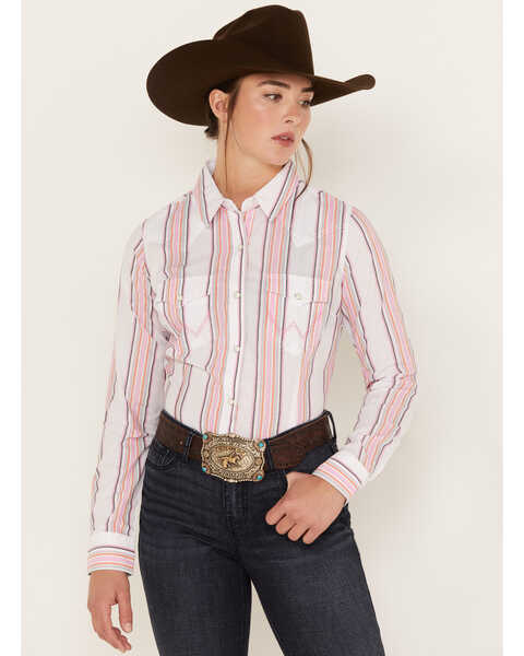 Wrangler Women's Striped Long Sleeve Western Pearl Snap Shirt, Pink, hi-res