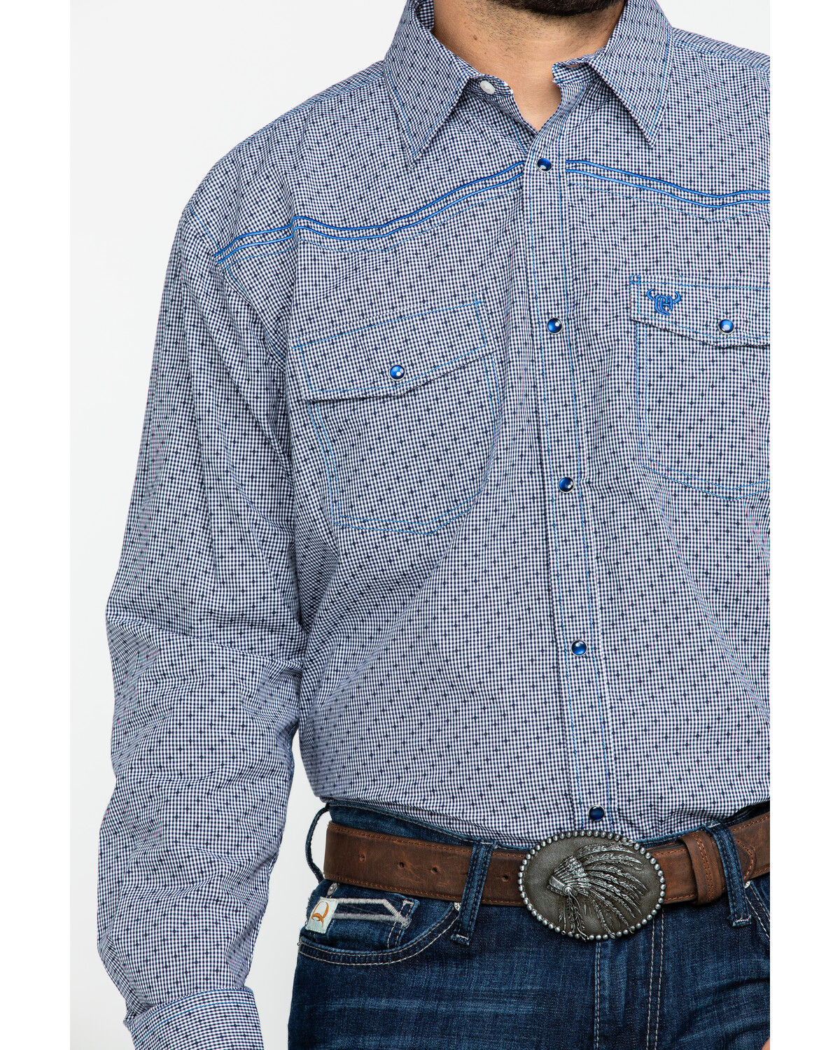 Image #4 - Cowboy Hardware Men's Dobby Print Long Sleeve Western Shirt, Navy, hi-res