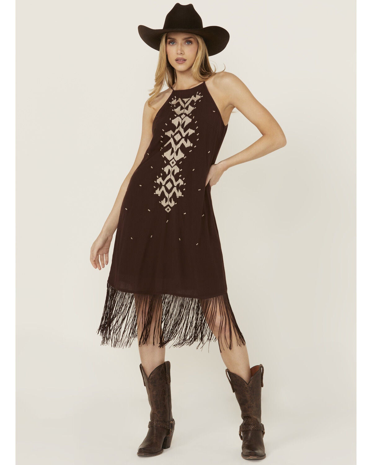 Shyanne Women's Embroidered Fringe Midi Dress, Dark Brown, hi-res