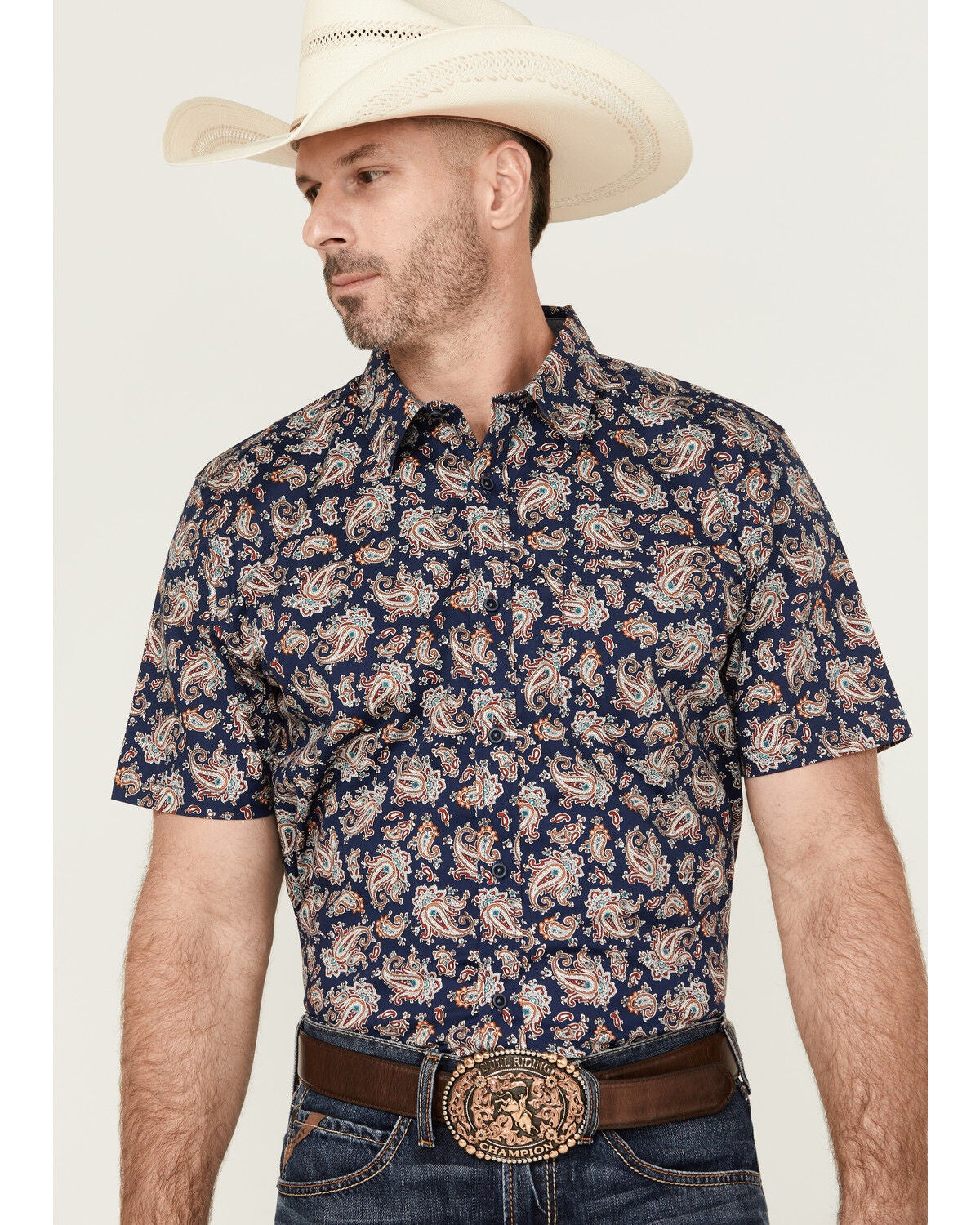Cody James Men's Grand Finale Paisley Print Short Sleeve Button-Down Stretch Western Shirt, Navy, hi-res