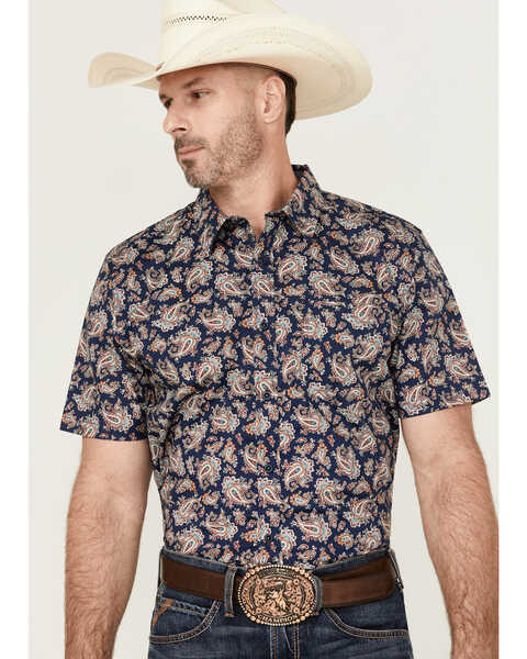 Image #1 - Cody James Men's Grand Finale Paisley Print Short Sleeve Button-Down Stretch Western Shirt , Navy, hi-res