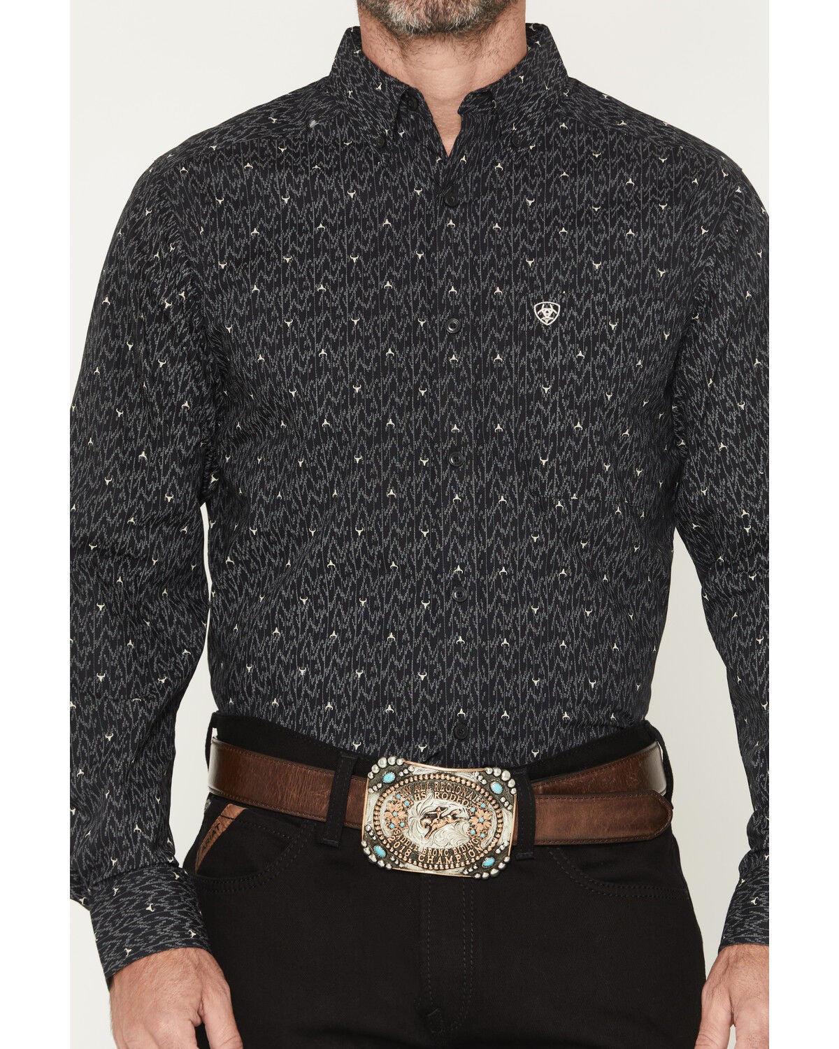 Image #3 - Ariat Men's Wheaton Steer Head Print Fitted Long Sleeve Western Shirt, Black, hi-res