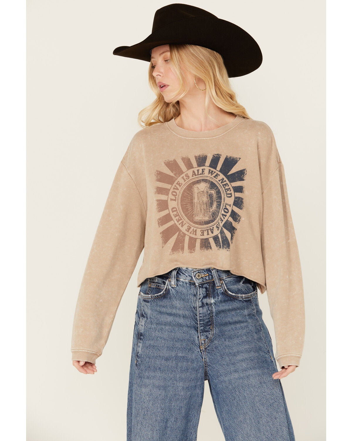 Cleo + Wolf Women's Love is Ale We Need Cropped Graphic Sweatshirt, Taupe, hi-res