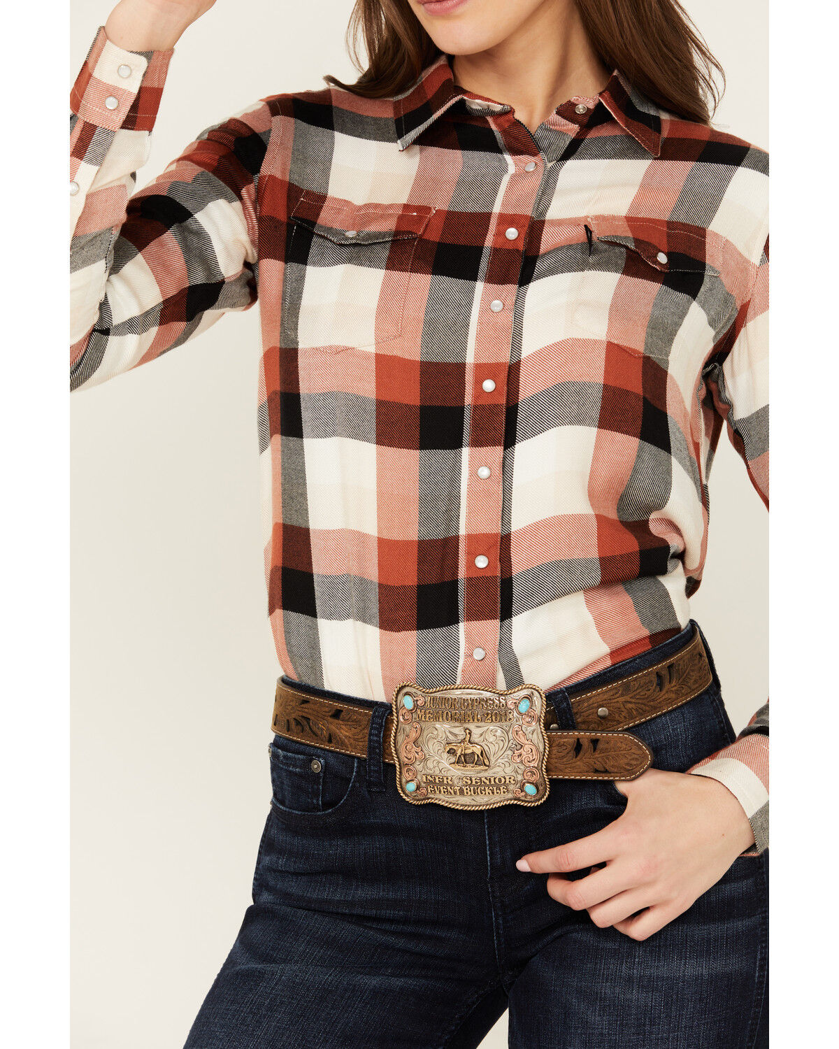 Image #3 - Hooey Women's Plaid Print Long Sleeve Pearl Snap Flannel Shirt, Orange, hi-res
