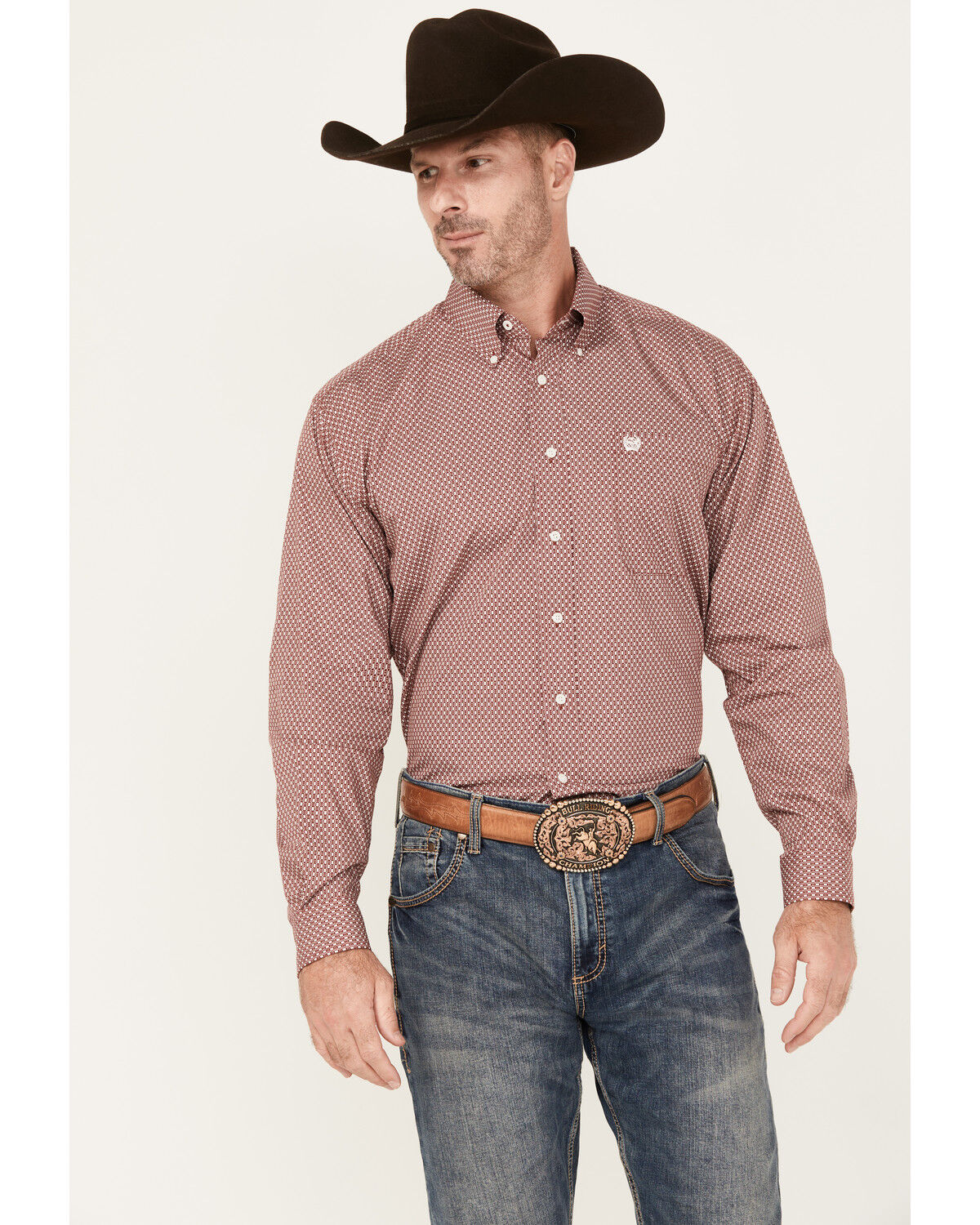 Image #1 - Cinch Men's Geo Print Long Sleeve Button-Down Western Shirt, Red, hi-res