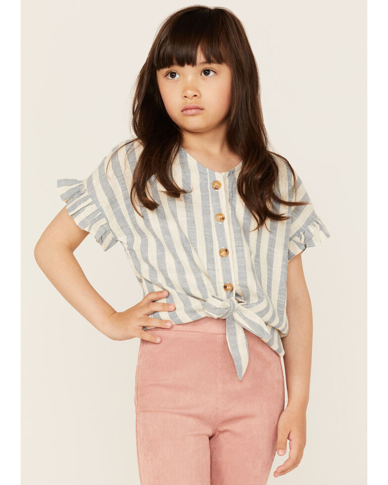 Hayden Girls' Linen Stripe Button-Down Top, Blue, hi-res