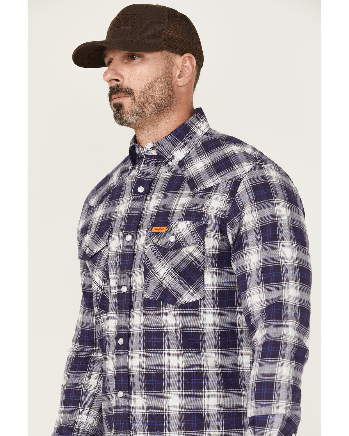 Image #2 - Wrangler Men's FR Plaid Print Long Sleeve Button-Down Work Shirt, Navy, hi-res