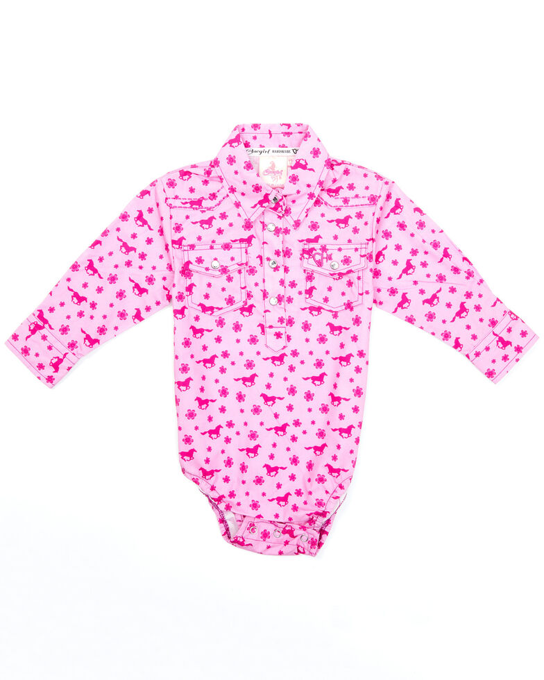 Cowgirl Hardware Infant Girls' Pink Daisy Rider Print Long Sleeve Snap Western Onesie , Pink, hi-res