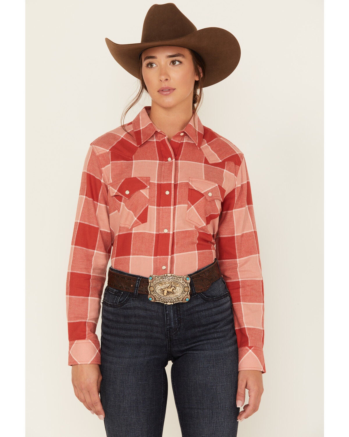 Wrangler Women's Boot Barn Exclusive Plaid Print Long Sleeve Western Flannel Pearl Snap Shirt, Rust Copper, hi-res