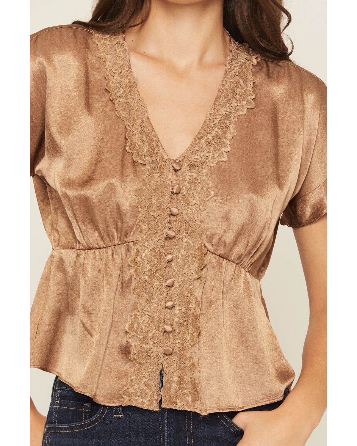 Image #3 - Shyanne Women's Satin Lace Trim Short Sleeve Button-Down Shirt, Coffee, hi-res