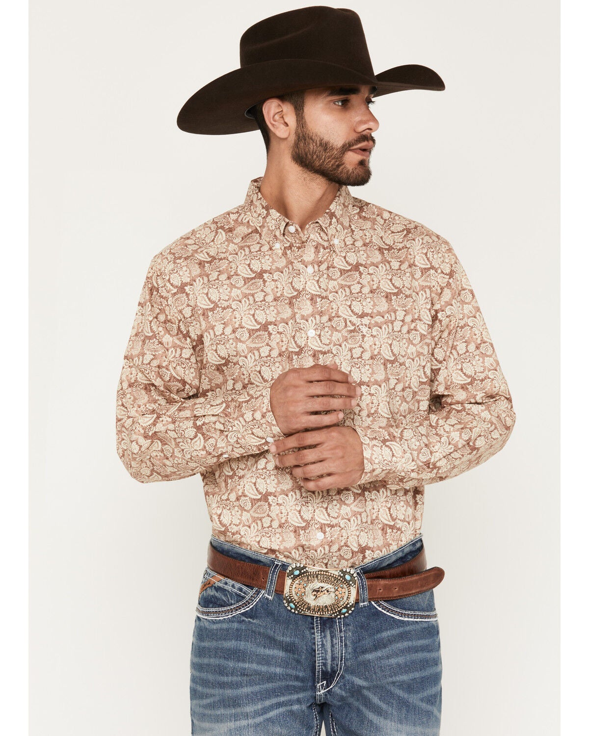 Ariat Men's Boot Barn Exclusive Fynn Paisley Print Long Sleeve Button-Down Western Shirt, Cognac, hi-res
