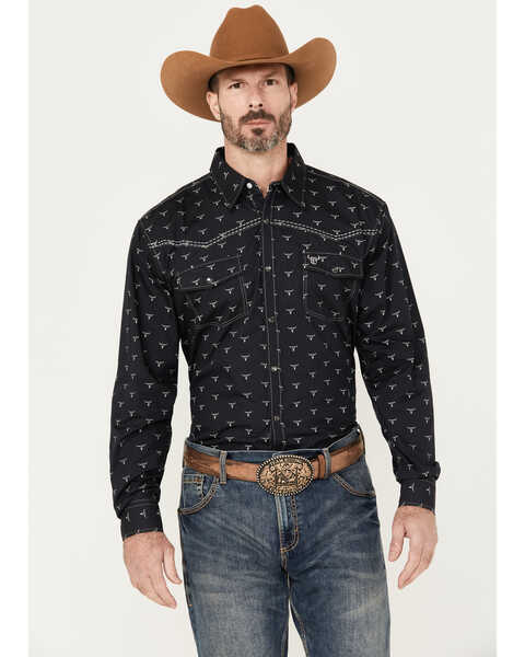 Image #1 - Cowboy Hardware Men's Skull Print Long Sleeve Snap Western Shirt, Black, hi-res