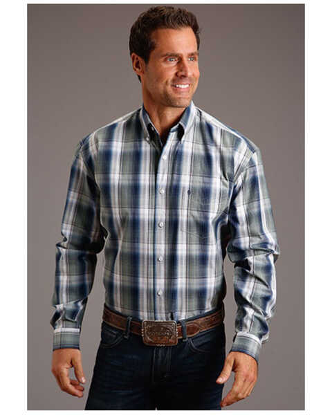 Image #1 - Stetson Men's Dobby Plaid Print Long Sleeve Button Down Western Shirt, Sage, hi-res
