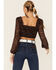 Image #3 - Lush Women's Lace Trim Rose Long Sleeve Crop Blouse, Black, hi-res