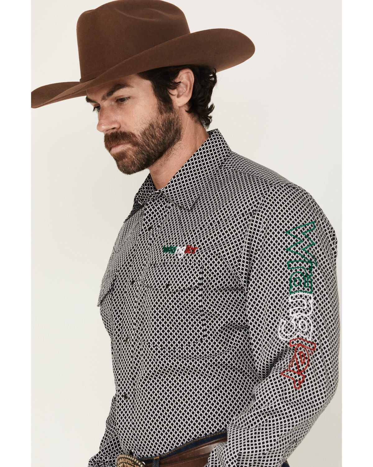 Image #2 - Wrangler Men's Mexico Logo Embroidered Geo Print Long Sleeve Snap Western Shirt - Tall, Black, hi-res