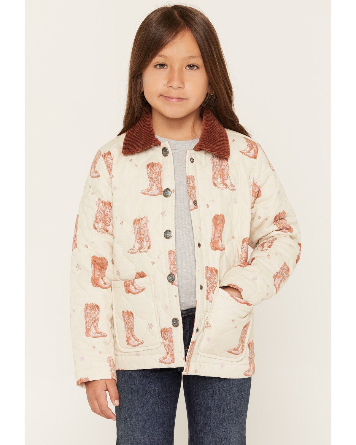 Shyanne Girls' Francis Cowboy Boot Snap Quilted Jacket, Oatmeal, hi-res