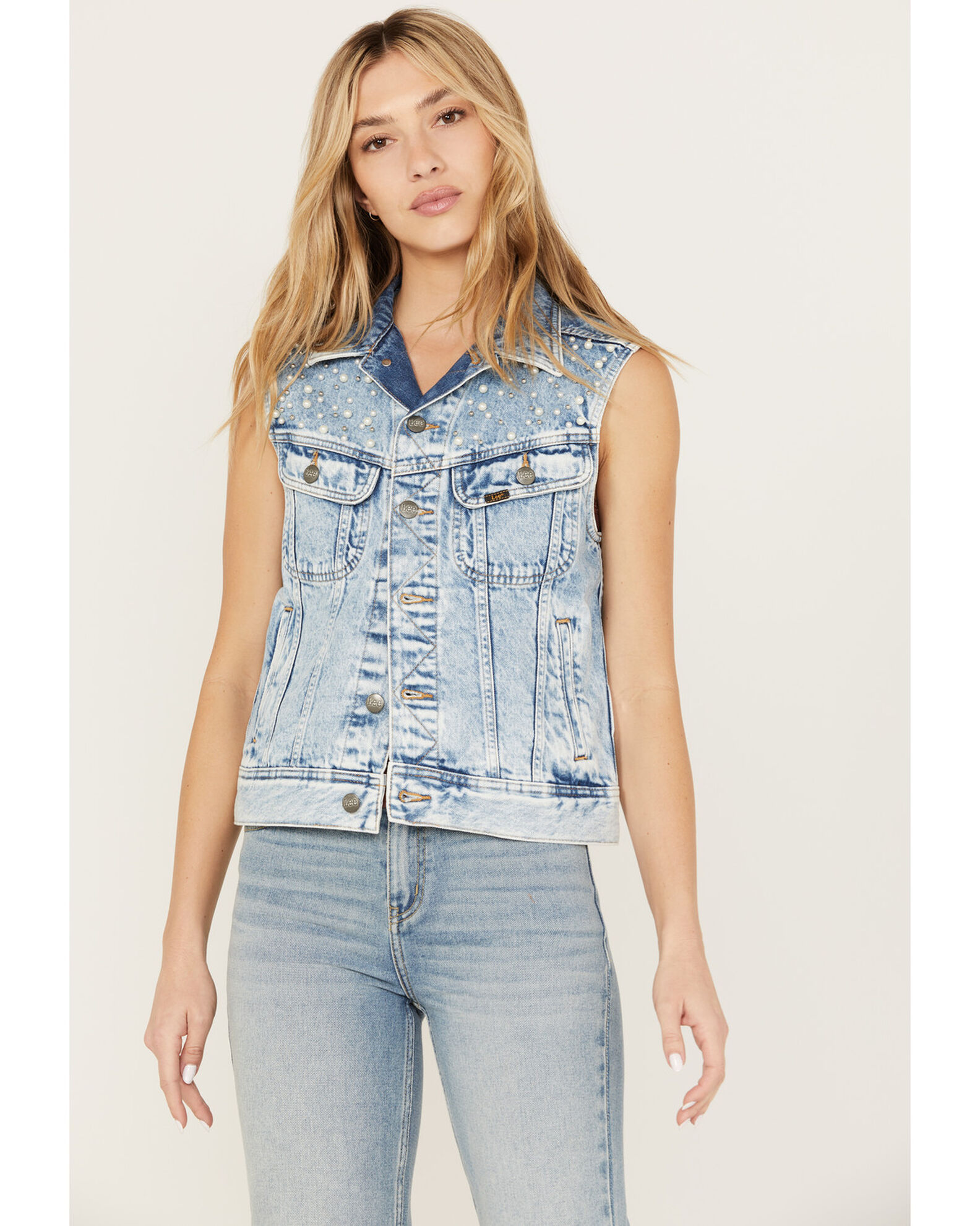 Image #1 - Lee Women's Light Wash Acid Wash Denim Pearl Vest, Blue, hi-res