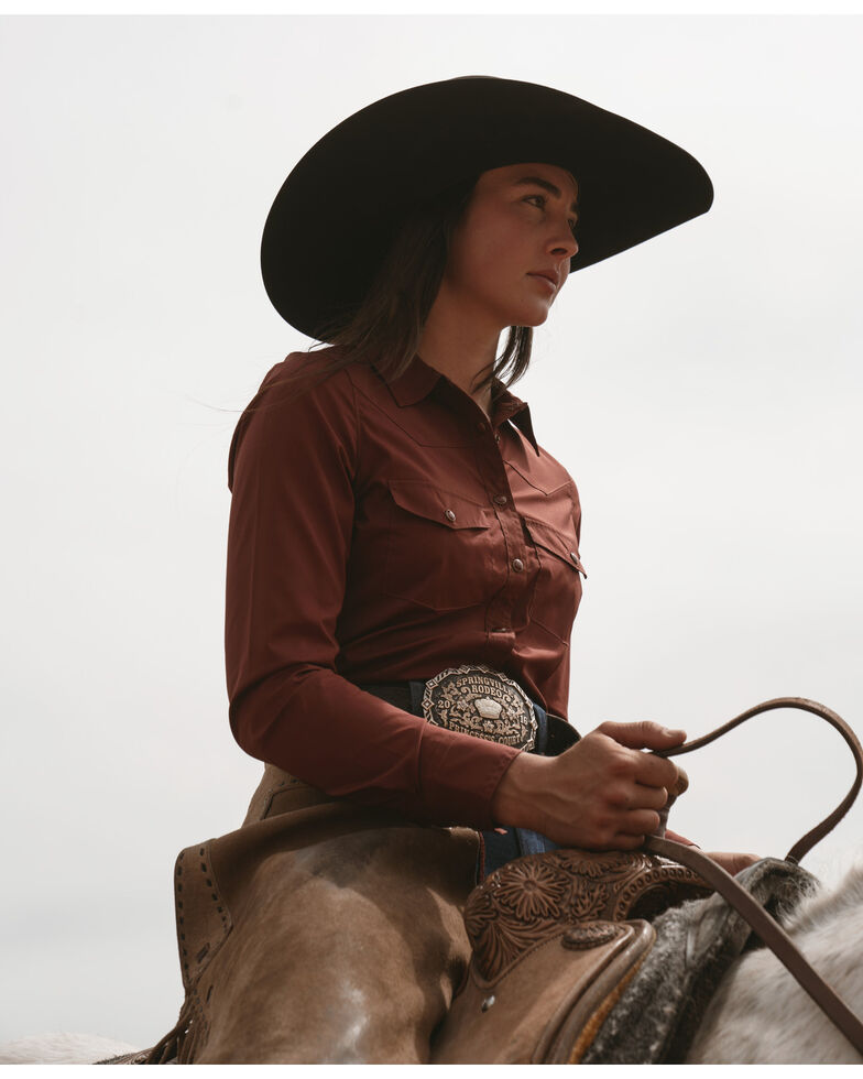 Rank 45 Women's Outdoor Riding Vented Yoke Long Sleeve Snap Shirt, Rust Copper, hi-res