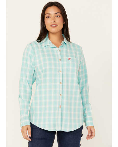 Image #1 - Ariat Women's FR Catalina Plaid Print Long Sleeve Button-Down Work Shirt , Turquoise, hi-res