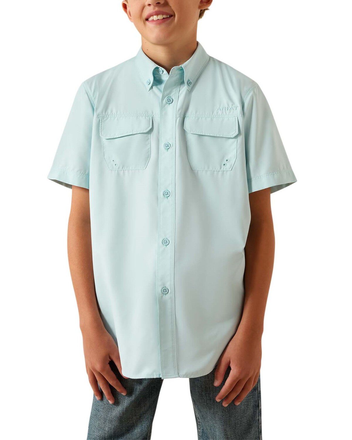 Ariat Boys' VentTEK&trade; Outbound Solid Short Sleeve Button-Down Western Shirt, Light Blue, hi-res