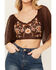 Image #3 - Shyanne Women's Embroidered Swiss Dot Mesh Short Sleeve Top, Dark Brown, hi-res