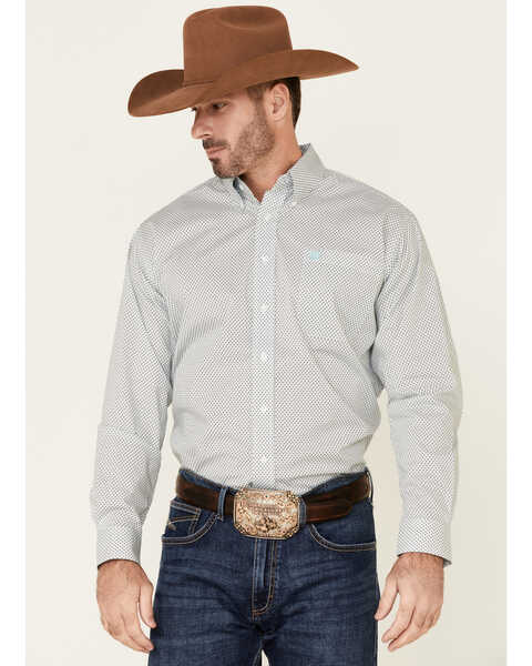 Image #1 - Cinch Men's White Stretch Geo Print Long Sleeve Western Shirt , White, hi-res