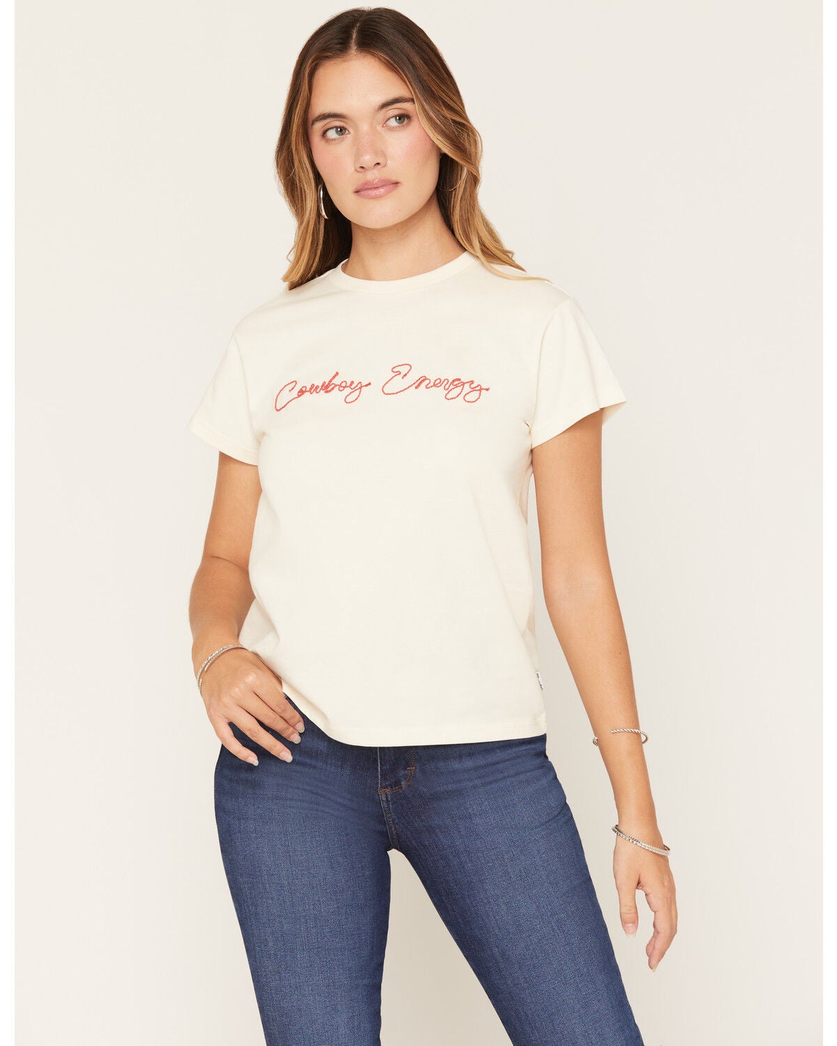 Image #1 - Wrangler Retro Women's Cowboy Energy Embroidered Short Sleeve Graphic Tee, Cream, hi-res