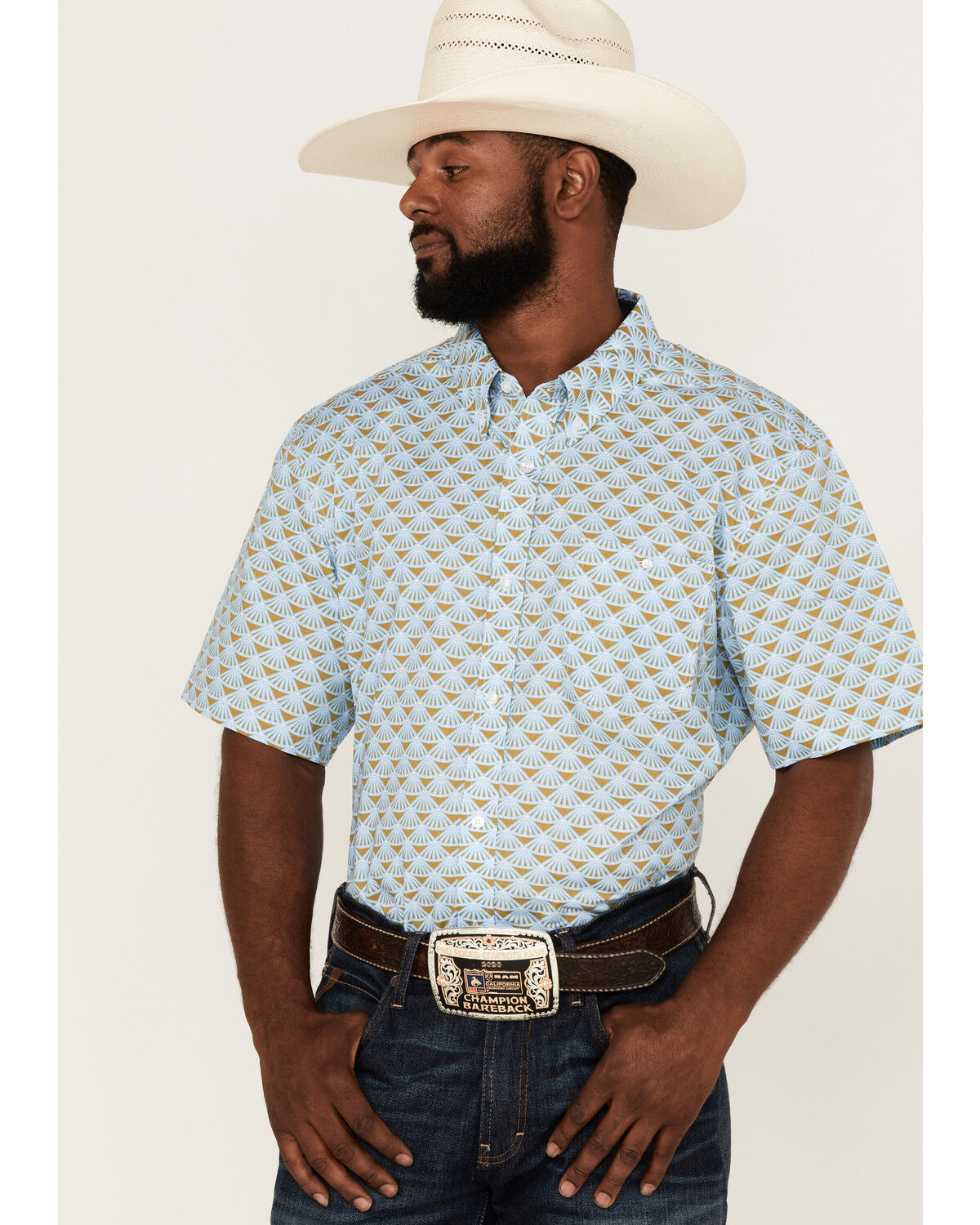 Image #1 - RANK 45® Men's Arena Allover Print Short Sleeve Button-Down Western Shirt, Light Blue, hi-res