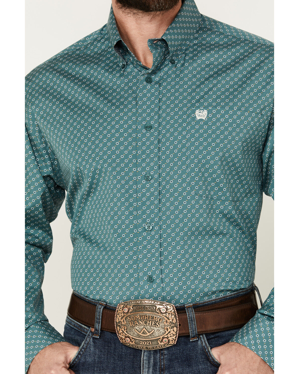 Image #3 - Cinch Men's Geo Print Long Sleeve Button-Down Western Shirt, Teal, hi-res