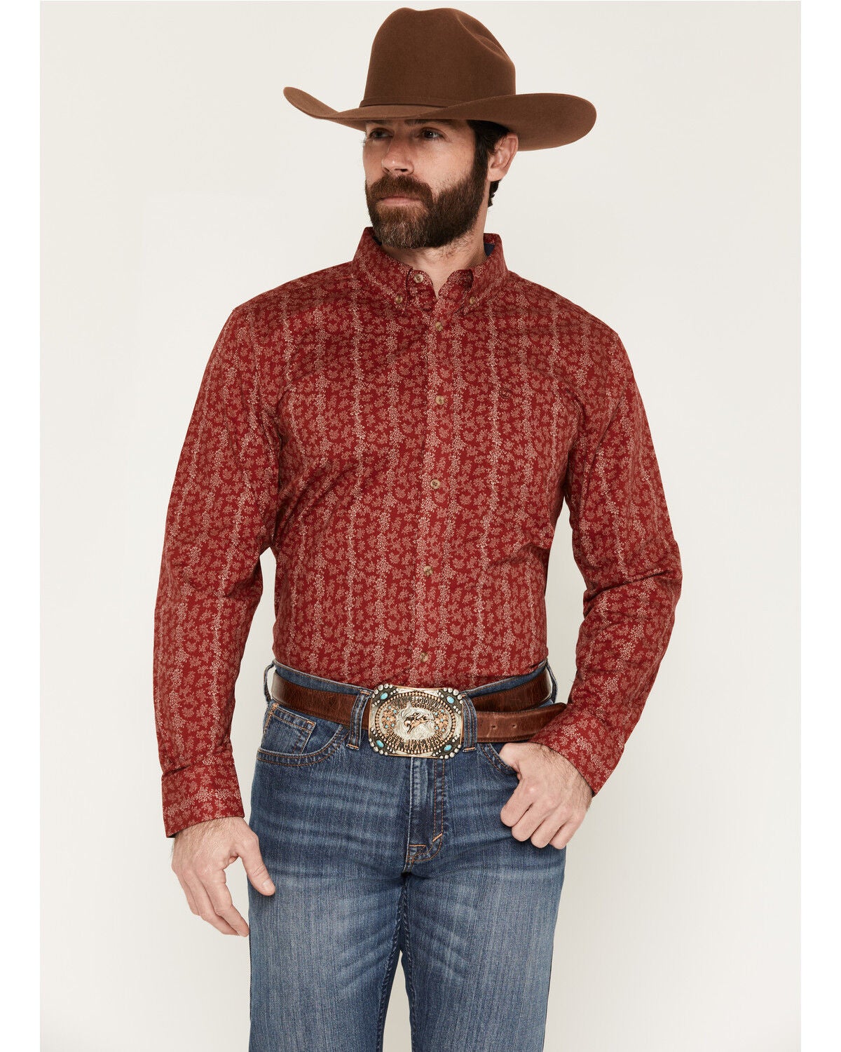 Image #1 - Cody James Men's Ol Hickory Floral Stripe Print Long Sleeve Button-Down Stretch Western Shirt - Tall, Red, hi-res