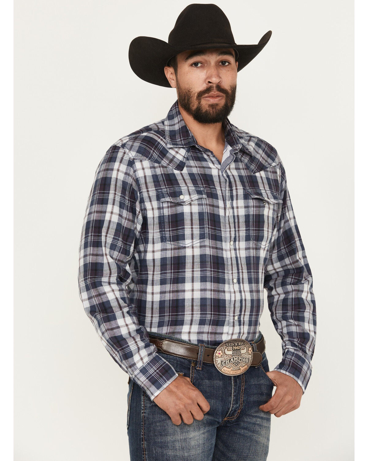 Image #1 - Wrangler Retro Men's Plaid Print Long Sleeve Snap Western Shirt, Dark Blue, hi-res