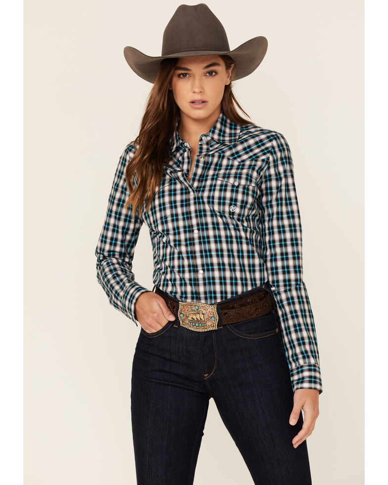 Roper Women's Plaid Long Sleeve Western Snap Shirt, Teal, hi-res