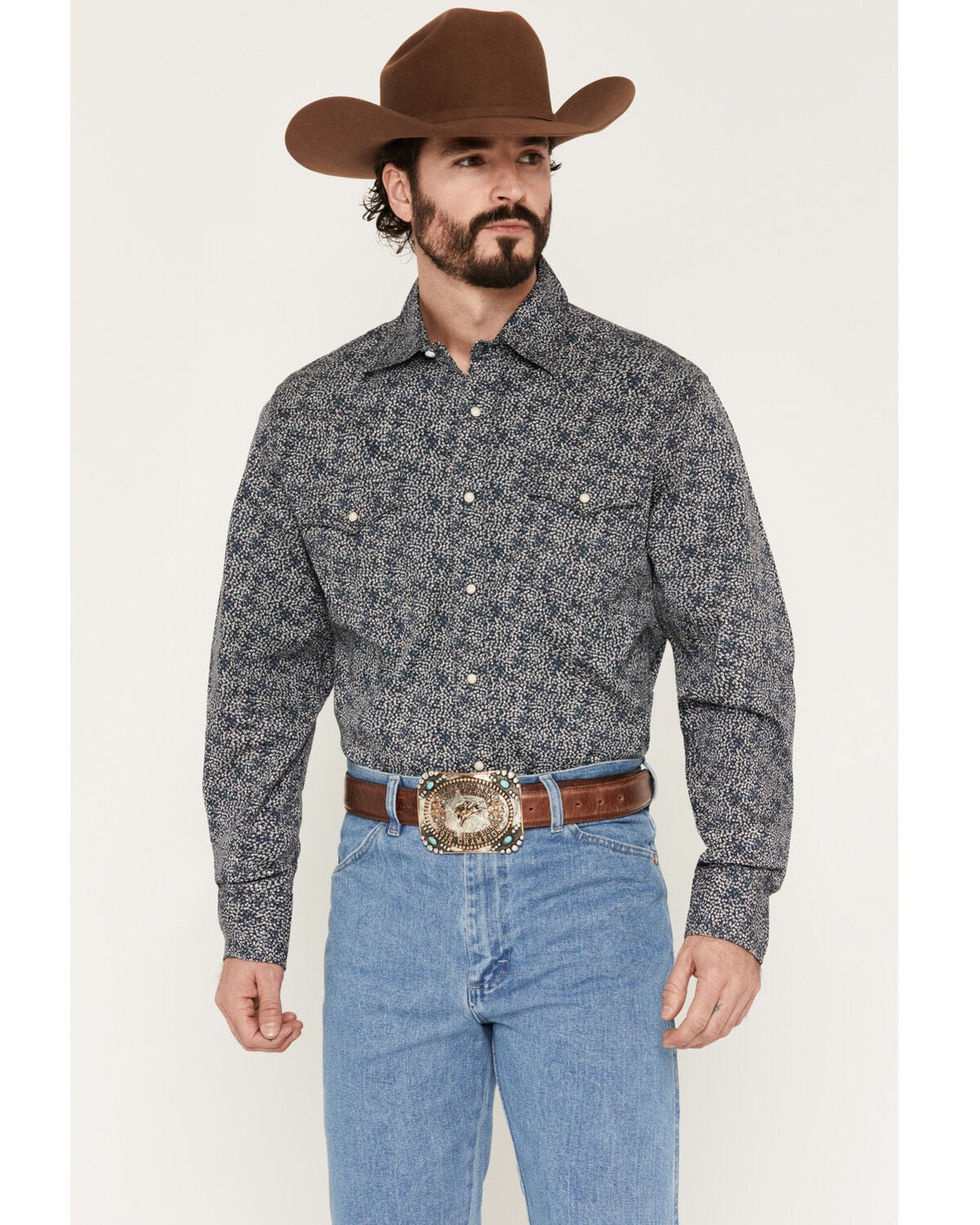 Image #1 - Wrangler Retro Men's Floral Print Long Sleeve Snap Western Shirt - Tall, Navy, hi-res