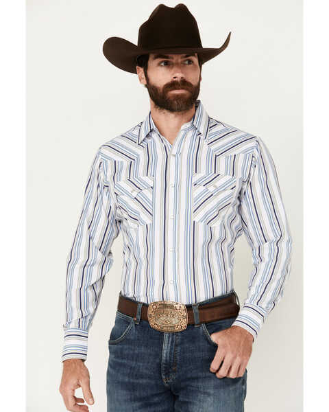 Image #1 - Ely Walker Men's Striped Print Long Sleeve Pearl Snap Western Shirt, White, hi-res