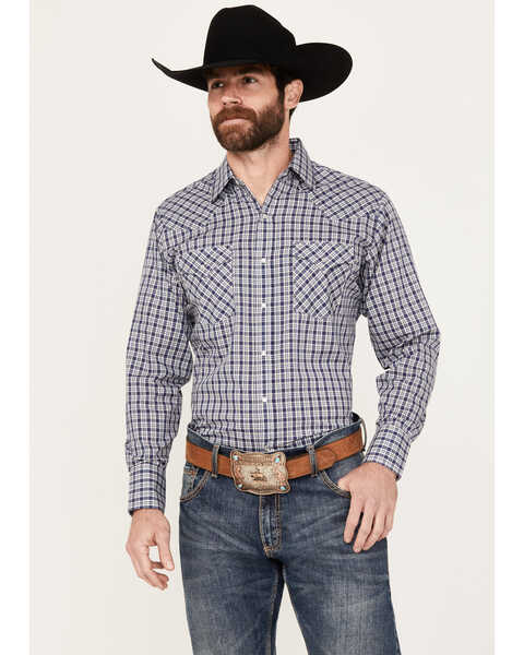 Ely Walker Men's Plaid Print Long Sleeve Pearl Snap Western Shirt, Navy, hi-res