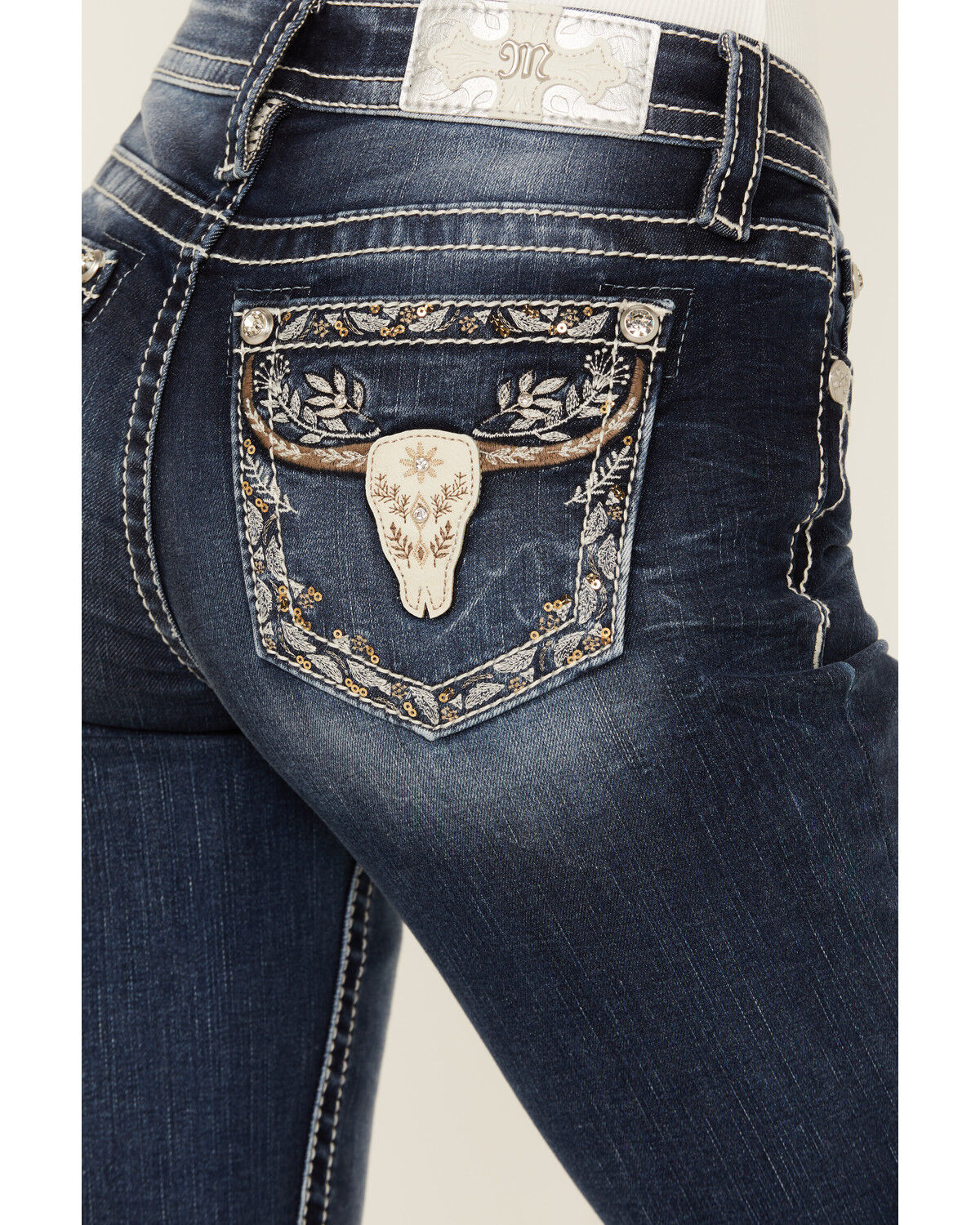 Image #2 - Miss Me Women's Dark Wash Mid Rise Floral Longhorn Pocket Bootcut Stretch Denim Jeans, , hi-res