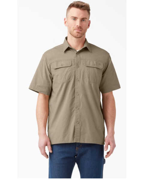 Dickies Men's Flex Short Sleeve Button Down Ripstop Work Shirt , Sand, hi-res