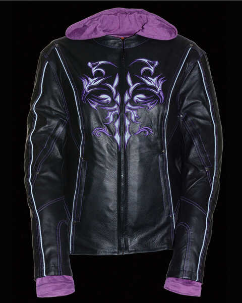 Image #5 - Milwaukee Leather Women's 3/4  Leather Jacket With Reflective Tribal Detail, Black/purple, hi-res