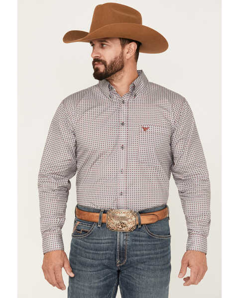 Image #1 - Cowboy Hardware Men's Geo Print Long Sleeve Button Down Shirt, Grey, hi-res