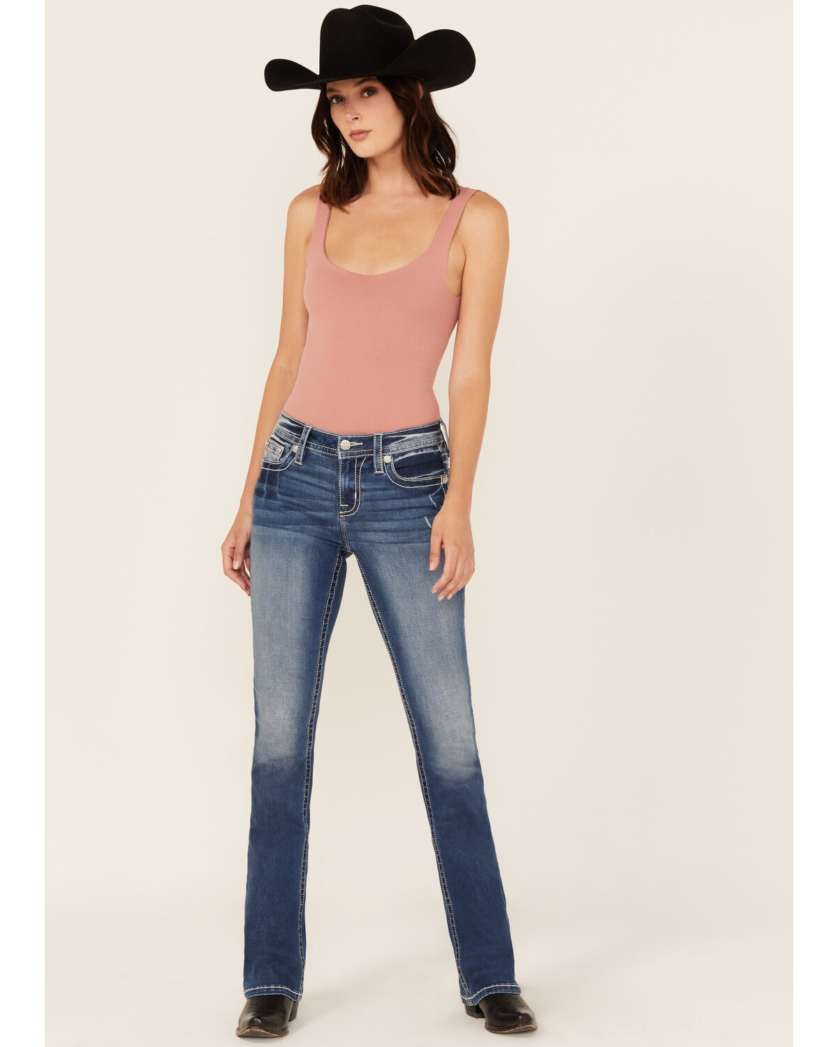 Image #3 - Miss Me Women's Medium Wash Mid Rise Steer Head 34" Bootcut Stretch Denim Jeans, Medium Wash, hi-res