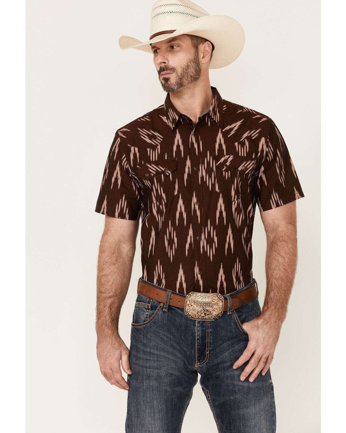 Image #1 - Cody James Men's Treaty Southwestern Print Short Sleeve Snap Western Shirt, Burgundy, hi-res