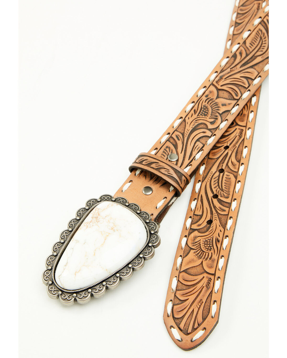 Image #2 - Shyanne Women's Whipstitch Stone Buckle Western Belt, Cream, hi-res
