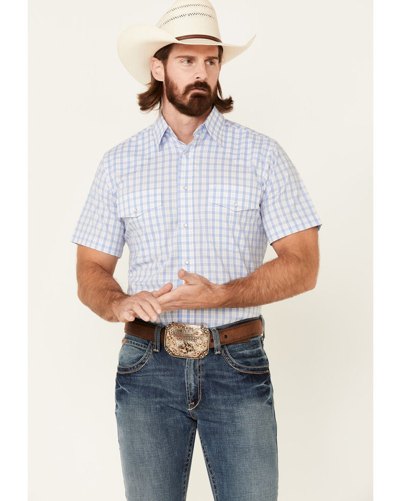 Wrangler Men's Small Plaid Wrinkle Resist Short Sleeve Snap Western Shirt , Blue, hi-res