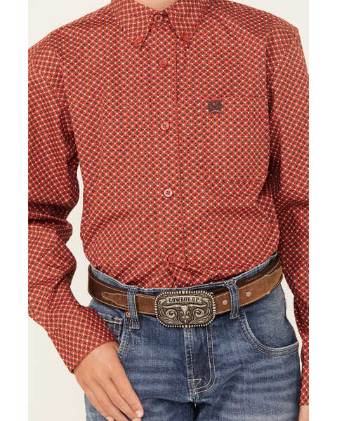 Image #3 - Cinch Boys' Geo Print Long Sleeve Button Down Western Shirt, Red, hi-res