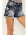 Miss Me Women's Dark Wash High Rise Star Paisley Patch Print Frayed Shorts, Dark Blue, hi-res