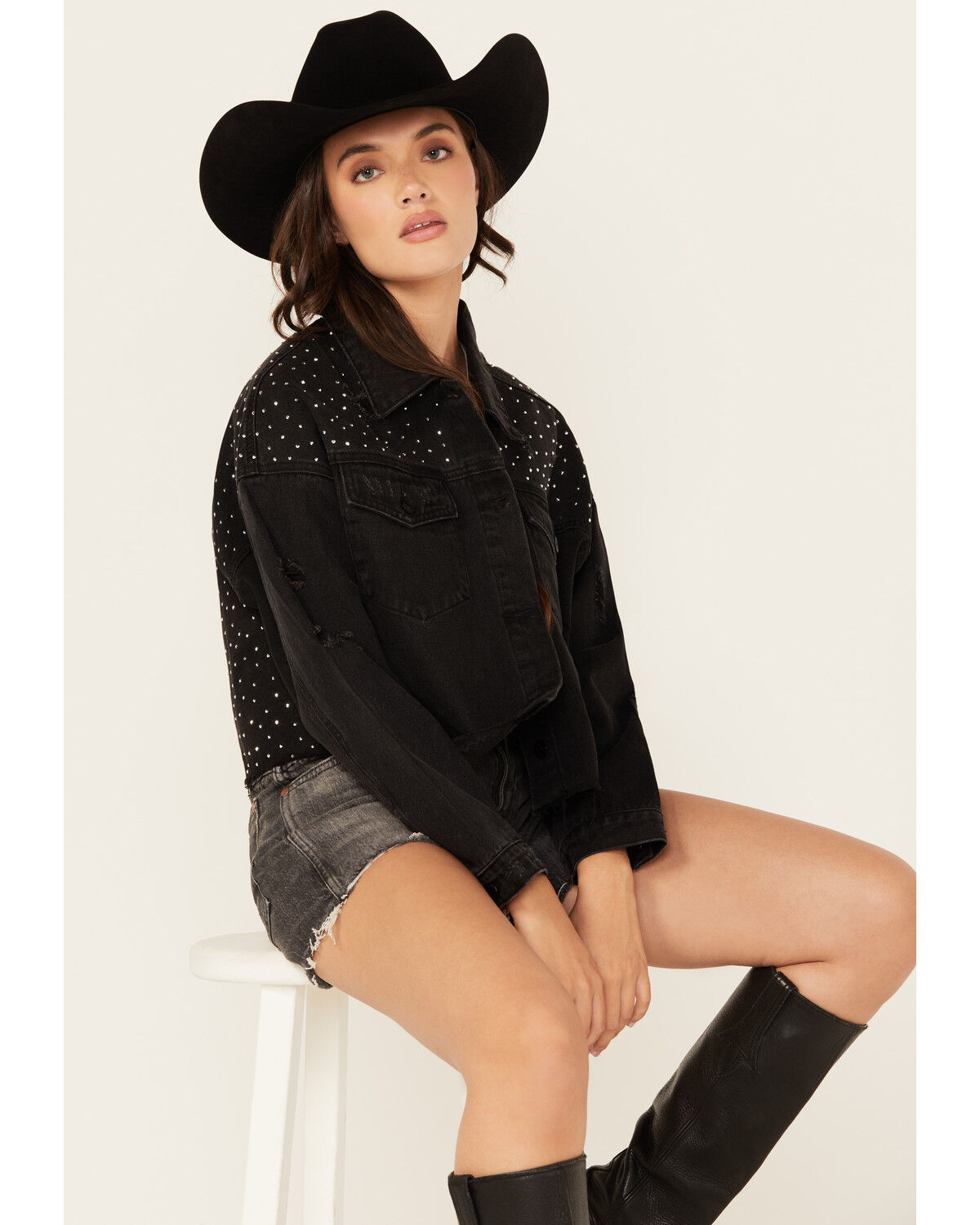 Image #1 - Blue B Women's Rhinestone Studded Cropped Denim Jacket, Black, hi-res