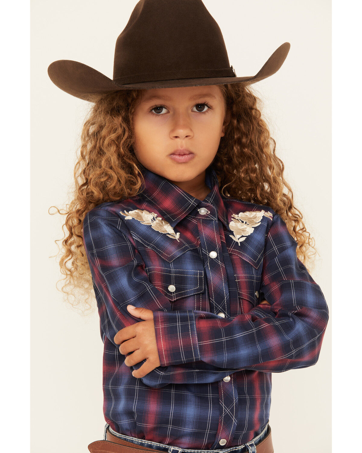 Image #2 - Ely Walker Girls' Plaid Print Rose Embroidered Long Sleeve Pearl Snap Western Shirt, Navy, hi-res