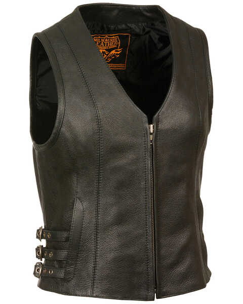 Milwaukee Leather Women's V Neck Zipper Front Side Buckle Vest - 3X, Black, hi-res