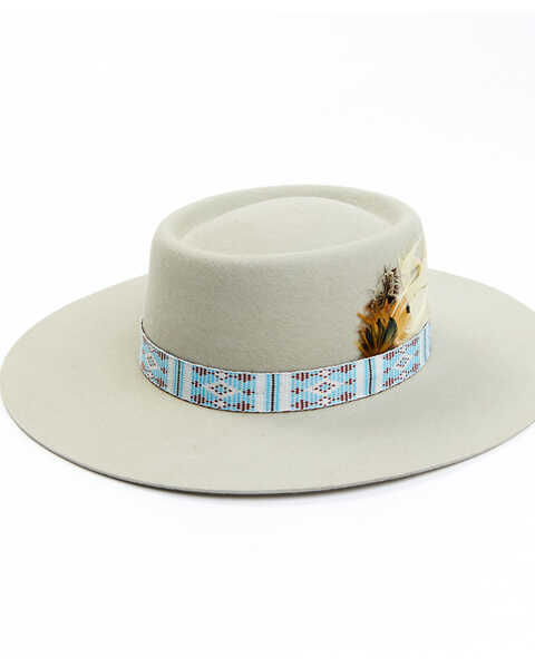 Shyanne Women's Wool Felt Southwestern Jacquard Ribbon Feather Western Hat, Grey, hi-res